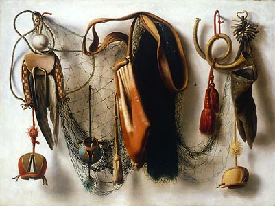 A Trompe l'Oeil of Hawking Equipment, including a Glove, a Net and Falconry Hoods, hanging on a Wall by Christoffel Pierson (c1650-1714)