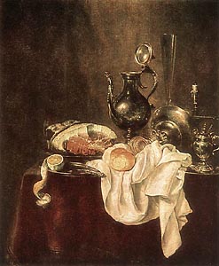 Ham and Silverware by Willem Claesz. Heda (1649)