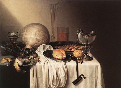 Still-Life with a Bearded Man Crock and a Nautilus Shell Cup by Maerten Boelema de Ostomme (1642-44)